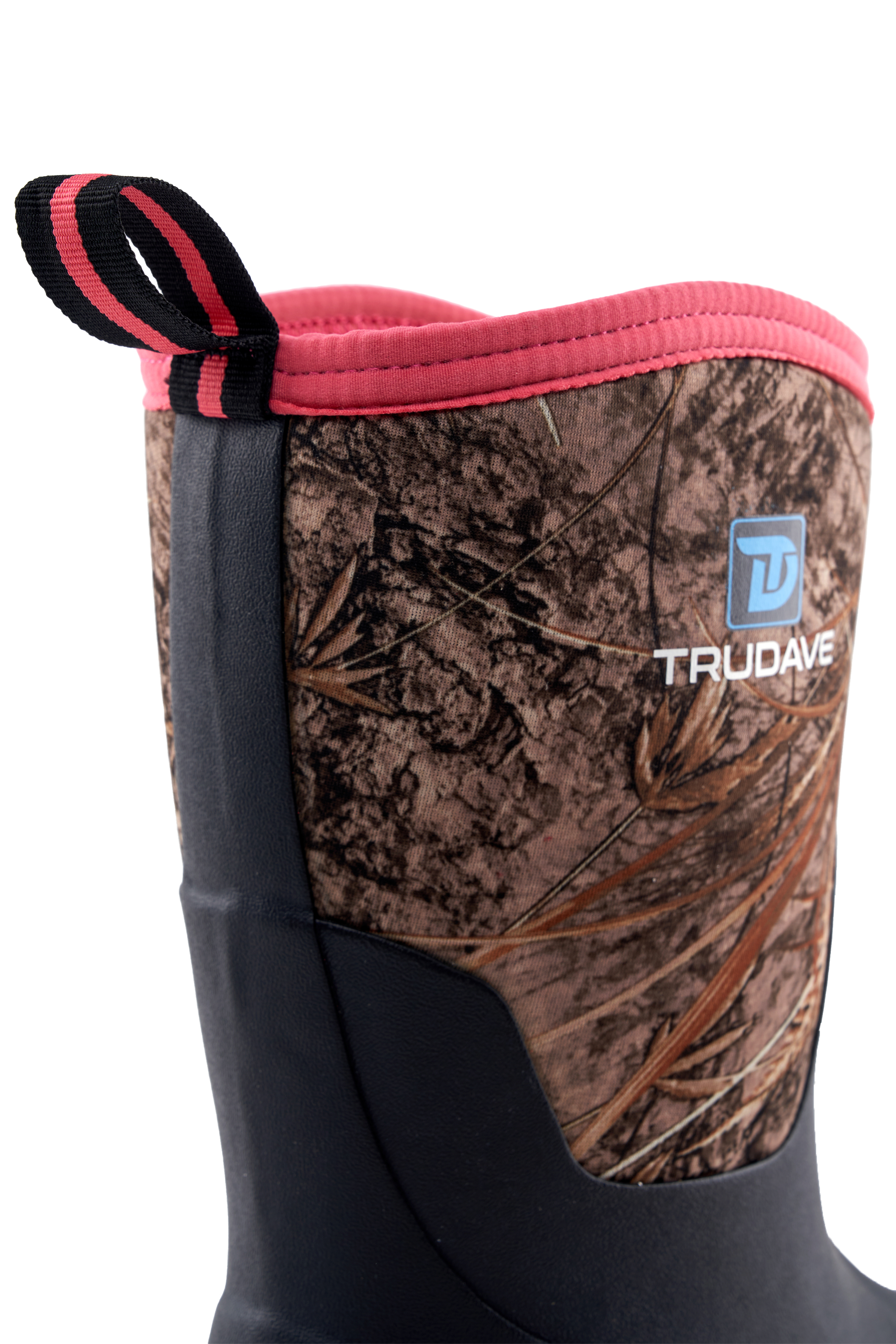 Close-up of boot opening on Trudave MudTrek Series mid-calf waterproof rubber rain boots – pink camo design showing reinforced stitching and pull tab for easy on and off